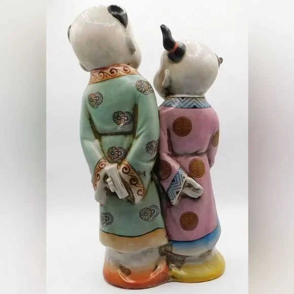 Vintage Antique Japanese Porcelain Polychrome Kutani Imari Double Statue 14"Tall - Picture 9 of 9